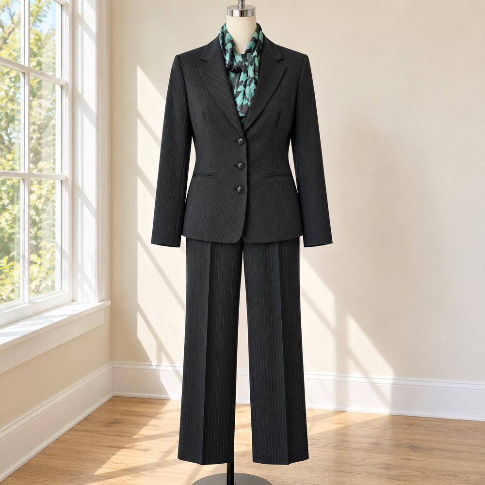 EVAN PICONE Black W/green Pinstripes pant suit with scarf Blazer 12 Pants 10